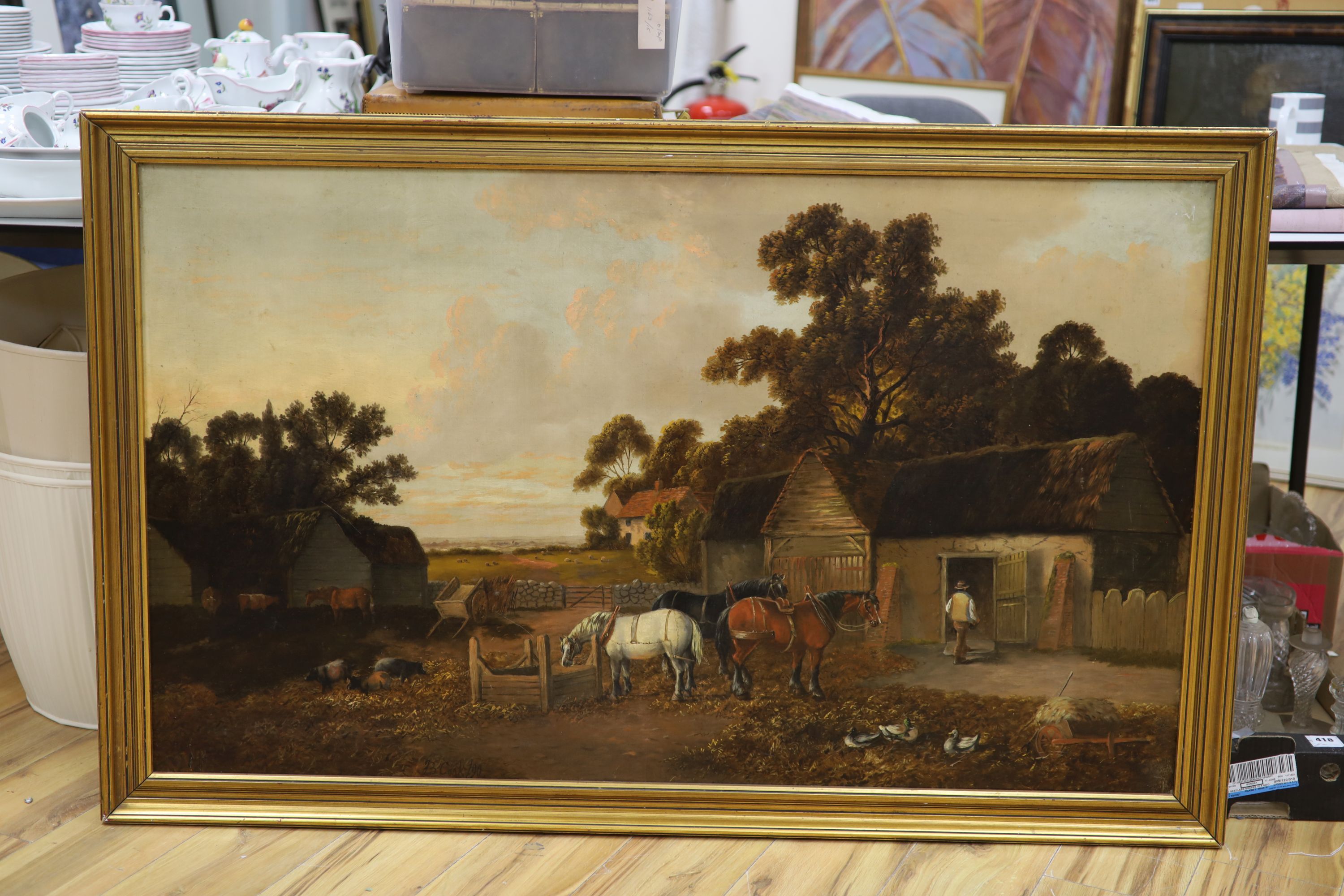 J.B Cook, oil on canvas, Farmyard scene with pigs and horses, bears signature and date '90, 75 x 126cm